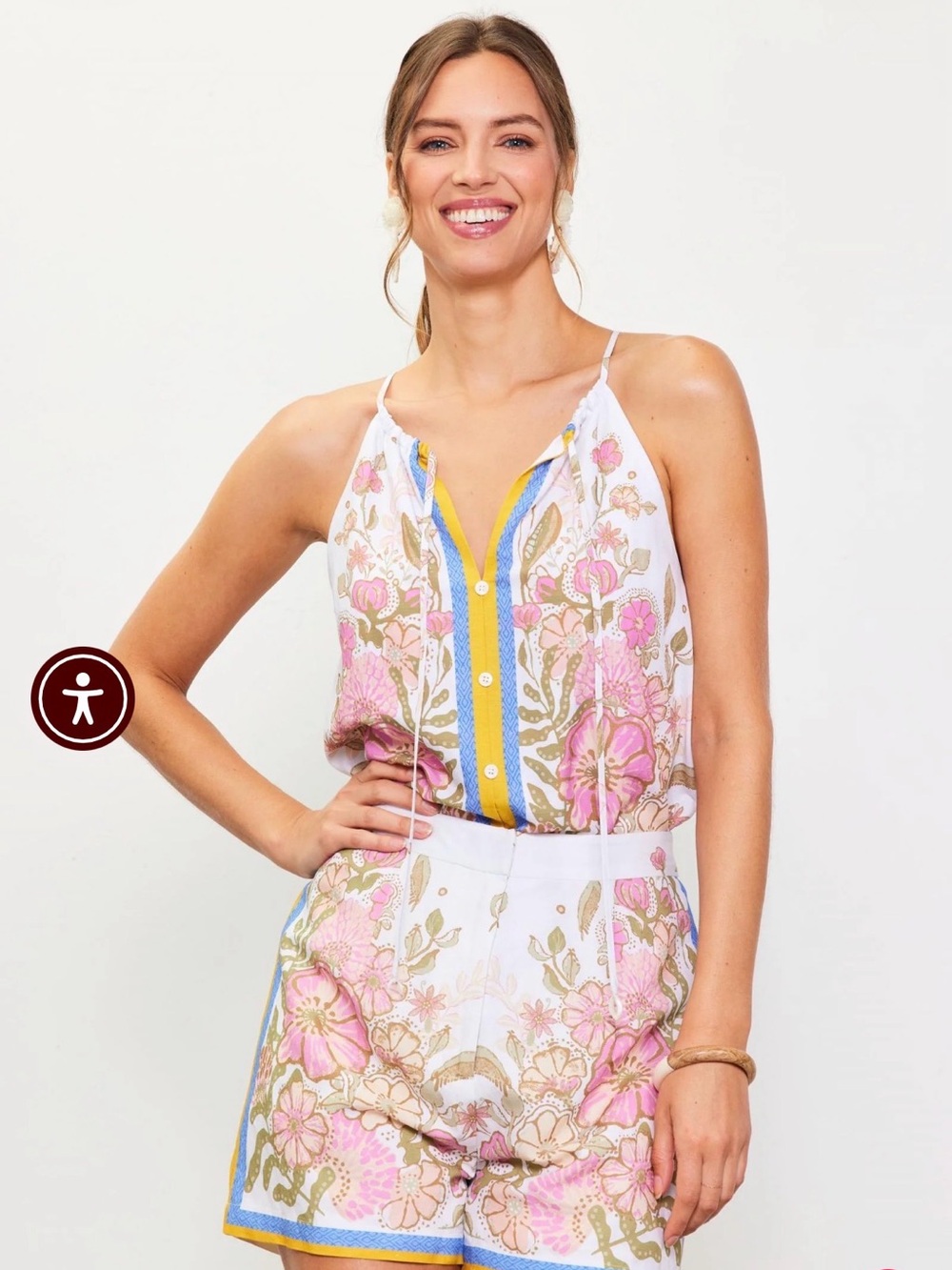 Impressions Floral Button-Front Cami and Shorts Set in Pink, Green, Yellow, Blue